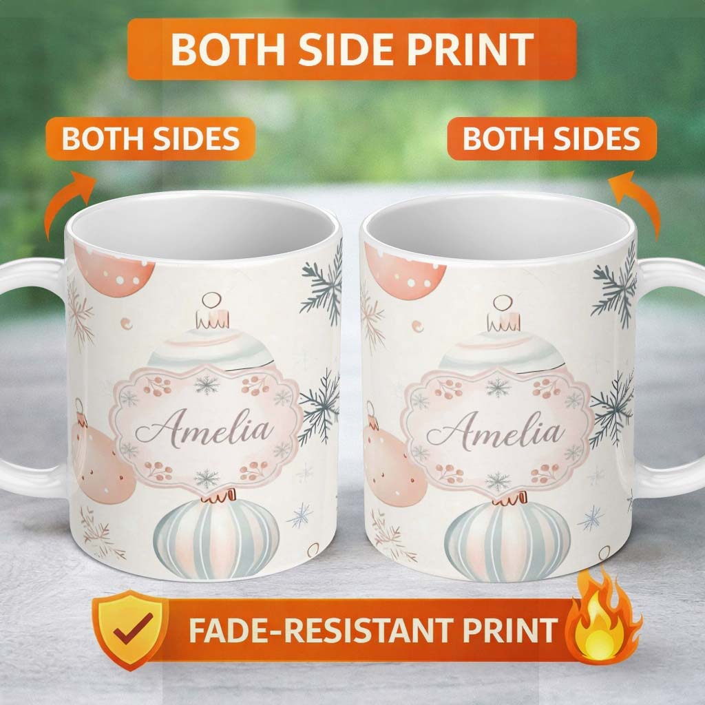 Personalized Custom Name Pastel Christmas Baubles Snowflakes Elegant Seamless Pattern Lovely 11oz Ceramic Coffee Tea Mug White Large Handle