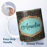 Personalized Custom Name African Tribal Geometric Pattern Bold Colors Seamless Name Cute 11oz Ceramic Coffee Tea Mug White Large Handle
