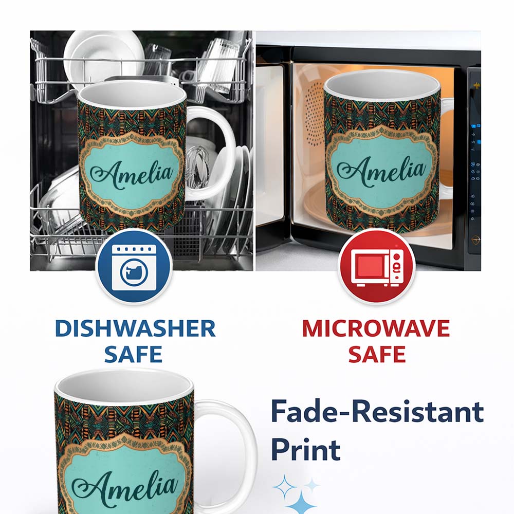 Personalized Custom Name African Tribal Geometric Pattern Bold Colors Seamless Name Cute 11oz Ceramic Coffee Tea Mug White Large Handle