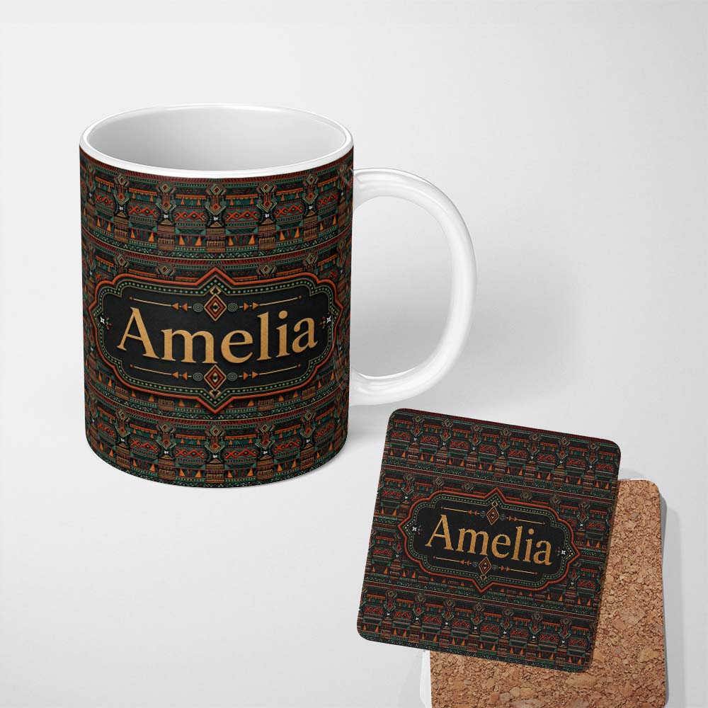 Personalized Custom Name Ethnic Tribal Geometric Stripe Pattern Seamless Name Cute Unique 11oz Ceramic Coffee Tea Mug White Large Handle