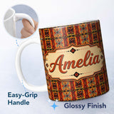 Personalized Custom Name African Tribal Abstract Bold Red Pattern Seamless Name Cute Unique 11oz Ceramic Coffee Tea Mug White Large Handle
