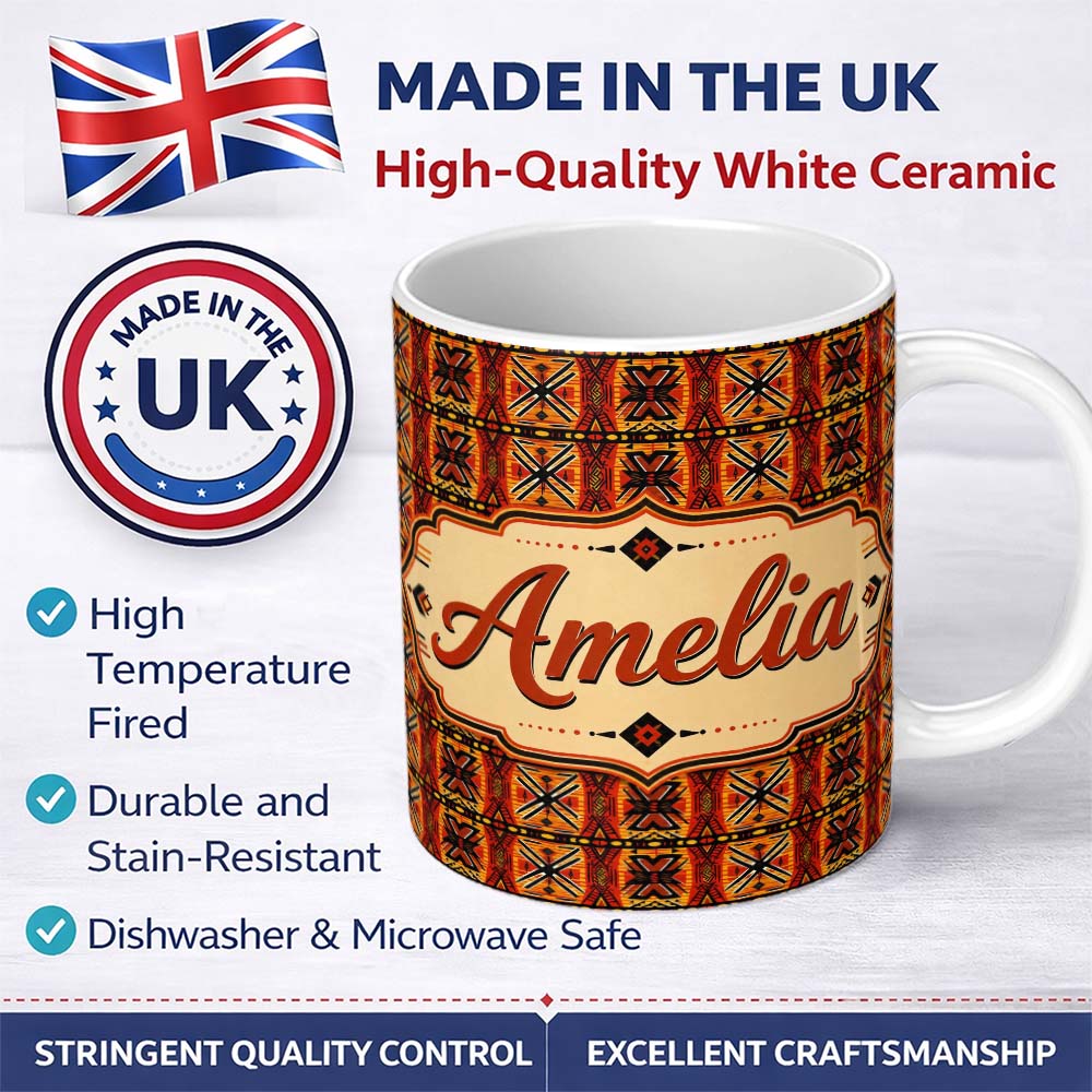 Personalized Custom Name African Tribal Abstract Bold Red Pattern Seamless Name Cute Unique 11oz Ceramic Coffee Tea Mug White Large Handle