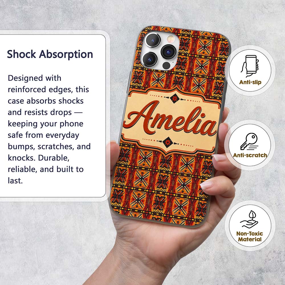 African Tribal Abstract Bold Red Pattern Seamless Custom Name Protective Phone Case Mobile Cover Durable Everyday Smartphone Shock Resistant