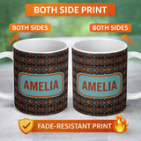 Personalized Custom Name African Tribal Geometric Diamond Pattern Seamless Name Cute Unique 11oz Ceramic Coffee Tea Mug White Large Handle