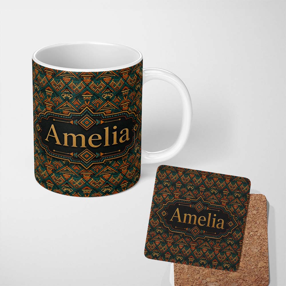 Personalized Custom Name African Tribal Abstract Shapes Pattern Seamless Name Cute Unique 11oz Ceramic Coffee Tea Mug White Large Handle