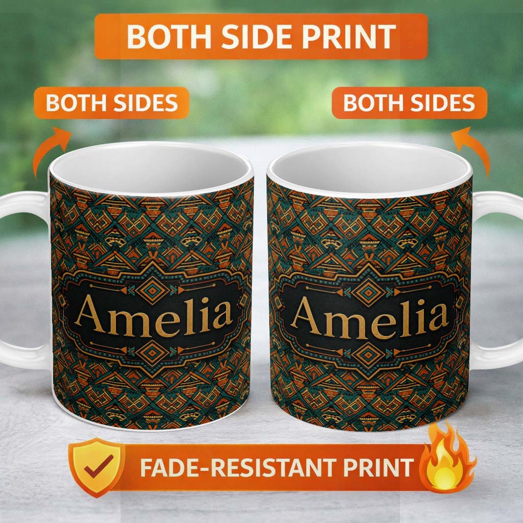 Personalized Custom Name African Tribal Abstract Shapes Pattern Seamless Name Cute Unique 11oz Ceramic Coffee Tea Mug White Large Handle