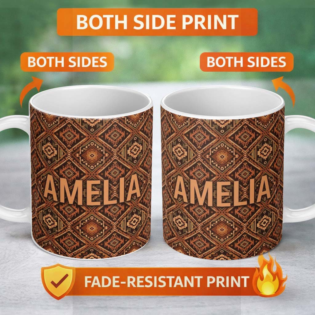 Personalized Custom Name African Tribal Mask Motif Pattern Seamless Name Cute Unique Gift 11oz Ceramic Coffee Tea Mug White Large Handle