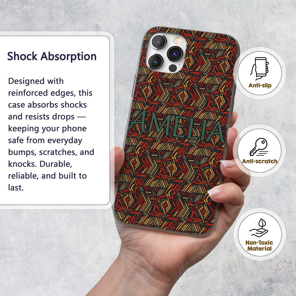 African Tribal Wavy Line Abstract Printed Design Custom Name Protective Phone Case Mobile Cover Durable Everyday Smartphone Shock Resistant