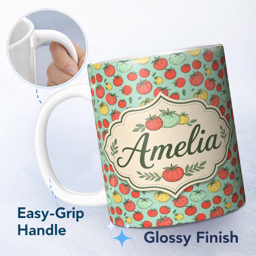 Personalized Custom Name Cute Mixed Tomatoes in Red Yellow and Green on Soft Blue Background 11oz Ceramic Coffee Tea Mug White Large Handle