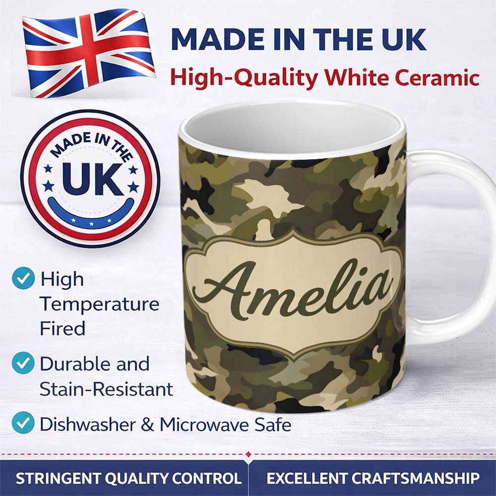 Personalized Custom Name Classic Green Army Camouflage Seamless Pattern Beautiful Coffee Cup 11oz Ceramic Coffee Tea Mug White Large Handle
