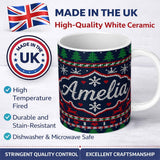 Personalized Custom Name Blue Red Christmas Reindeer Snowflake Knit Seamless Pattern Lovely 11oz Ceramic Coffee Tea Mug White Large Handle