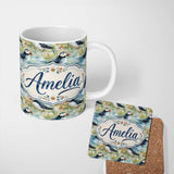 Personalized Custom Name Vintage Puffin Bird and Floral Pattern Botanical Coastal Seamless 11oz Ceramic Coffee Tea Mug White Large Handle