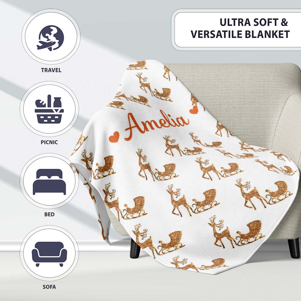 Gold Glitter Reindeer Sleigh Christmas White Background Seamless  Personalised Custom Name Super Soft Fleece Blanket Bed Sofa Throw