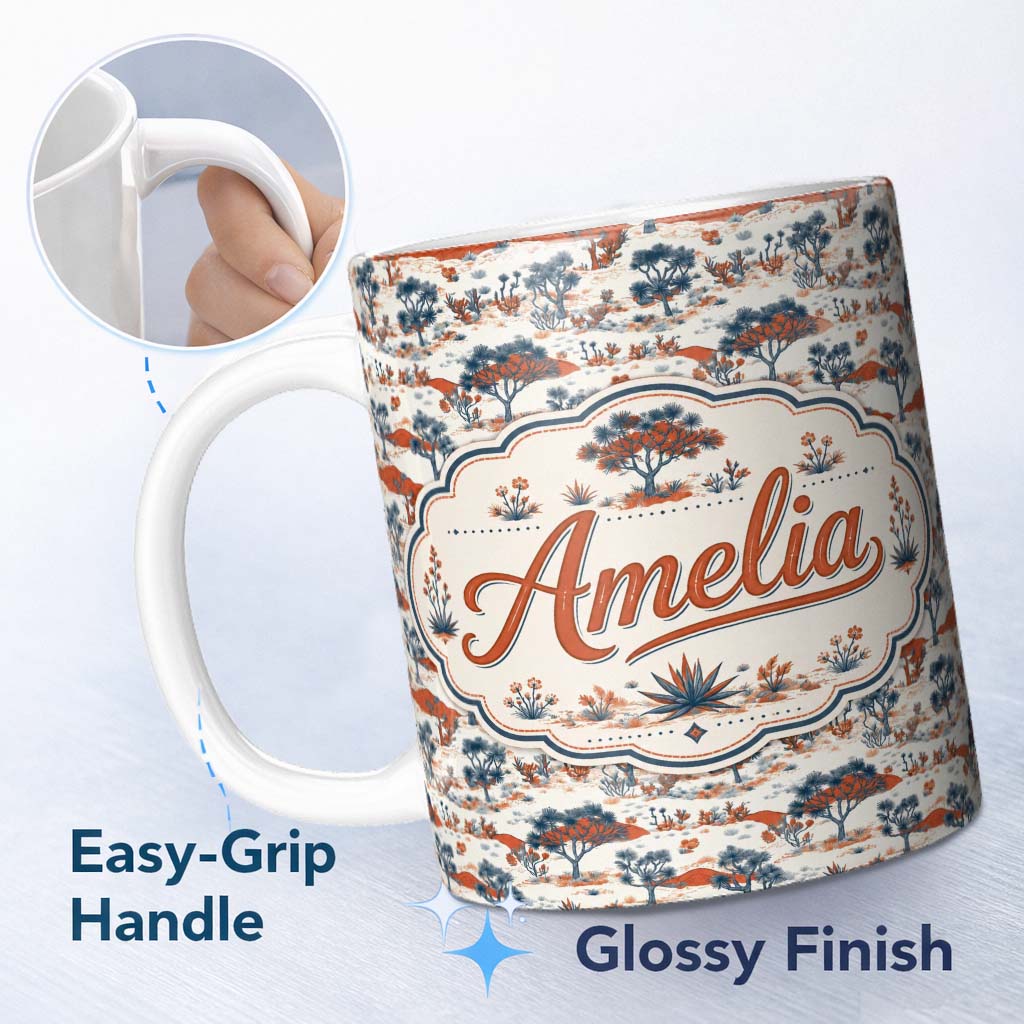 Personalized Custom Name Desert Botanical Trees Scenic Pattern Seamless Name Cute Unique Gift 11oz Ceramic Coffee Tea Mug White Large Handle