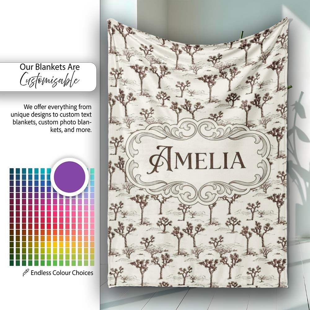 Vintage Desert Trees Sketch Seamless Pattern Name Cute Unique Gift  Personalised Custom Name Super Soft Fleece Blanket Bed Sofa Throw