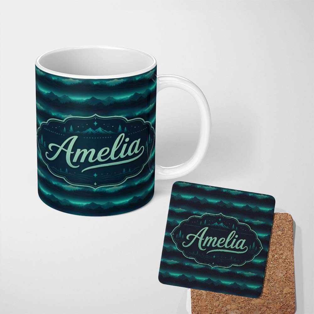 Personalized Custom Name Mystic Mountain Forest Layers Seamless Pattern Name Cute Unique Gift 11oz Ceramic Coffee Tea Mug White Large Handle