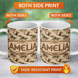 Personalized Custom Name Coconut Palm Vintage Beach Scene Seamless Pattern Cute Unique Gift 11oz Ceramic Coffee Tea Mug White Large Handle