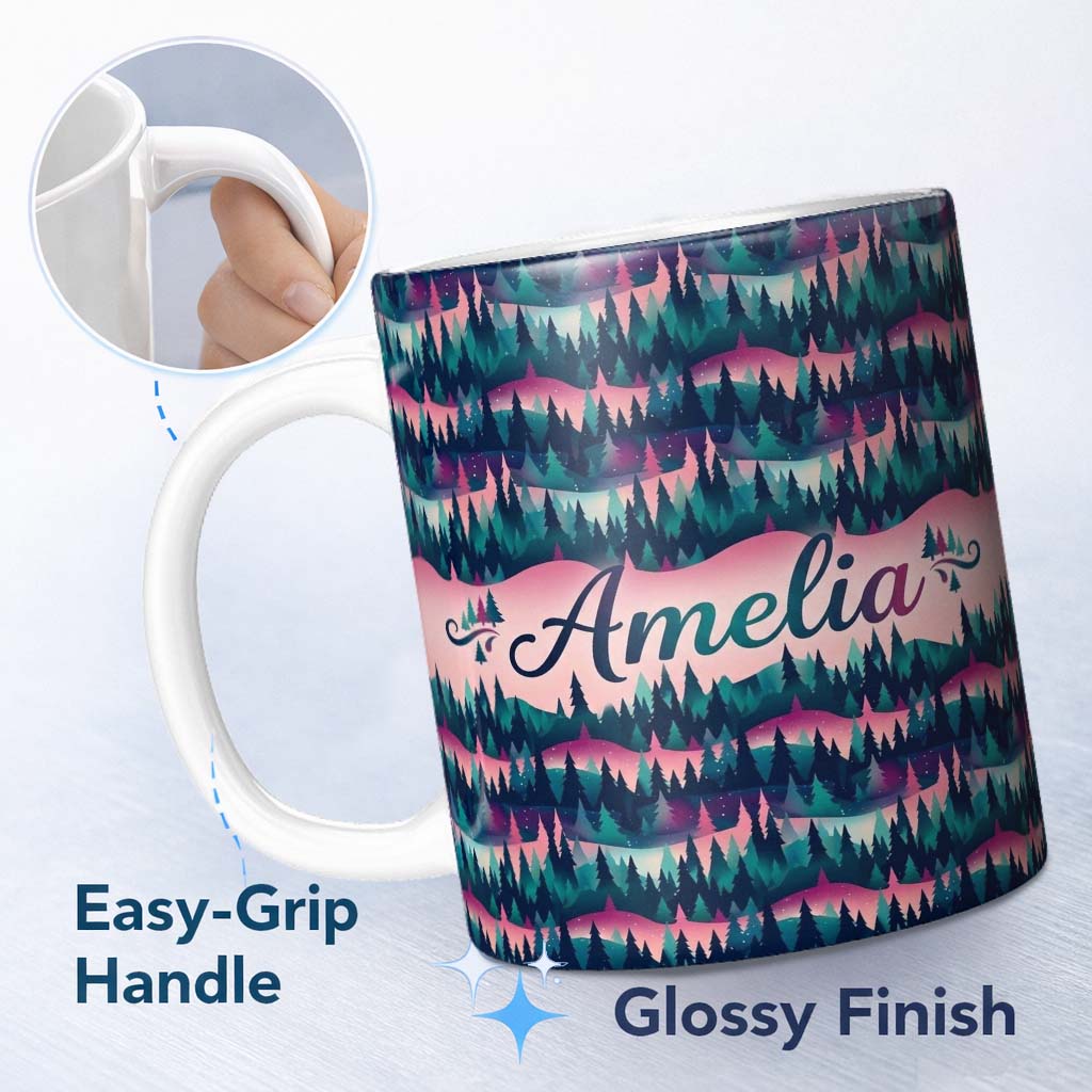 Personalized Custom Name Colorful Pine Forest Dreamscape Seamless Pattern Name Cute Unique 11oz Ceramic Coffee Tea Mug White Large Handle