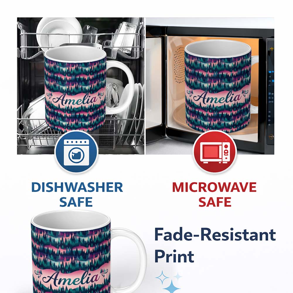 Personalized Custom Name Colorful Pine Forest Dreamscape Seamless Pattern Name Cute Unique 11oz Ceramic Coffee Tea Mug White Large Handle