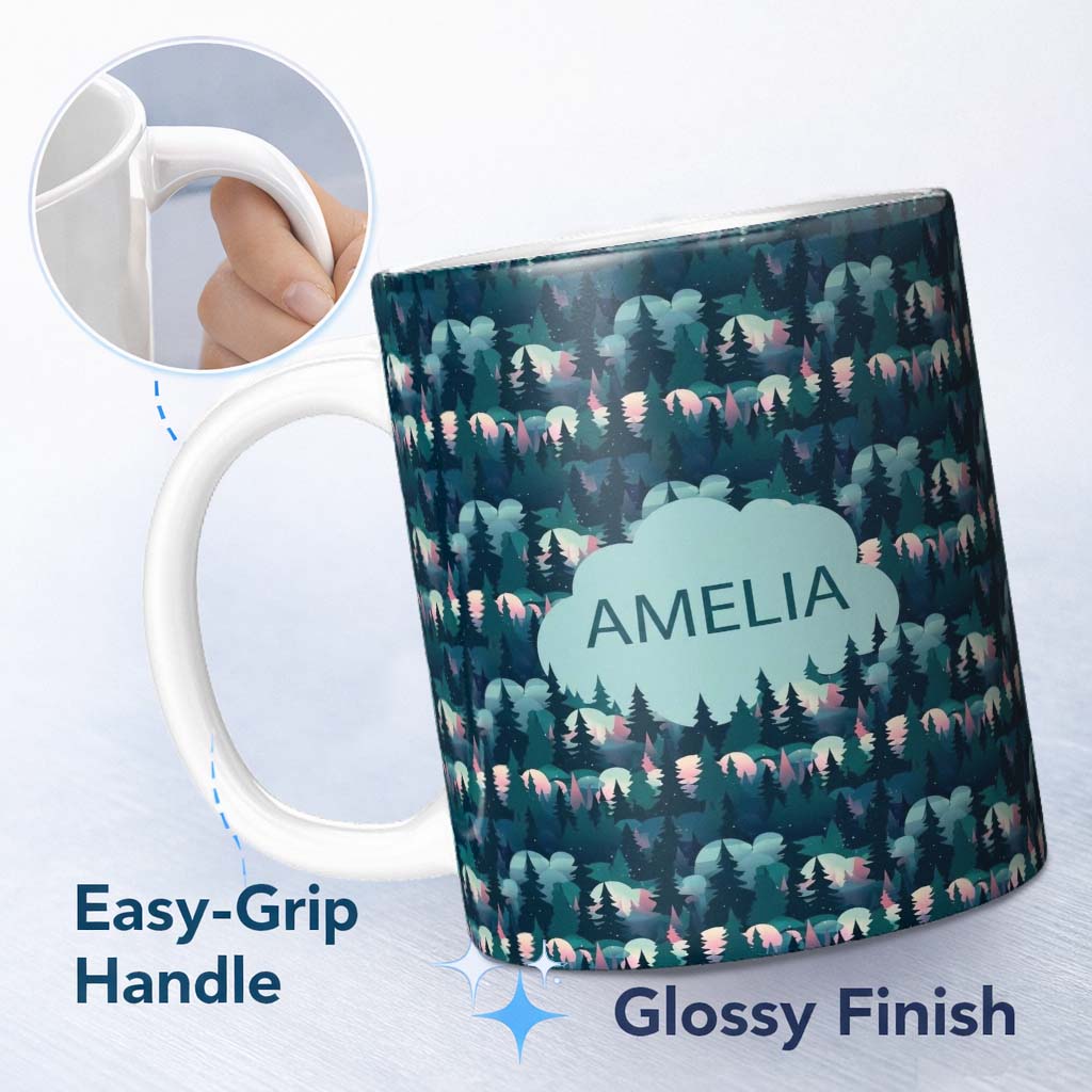 Personalized Custom Name Moonlit Forest Silhouette Pattern Seamless Name Cute Unique Gift 11oz Ceramic Coffee Tea Mug White Large Handle