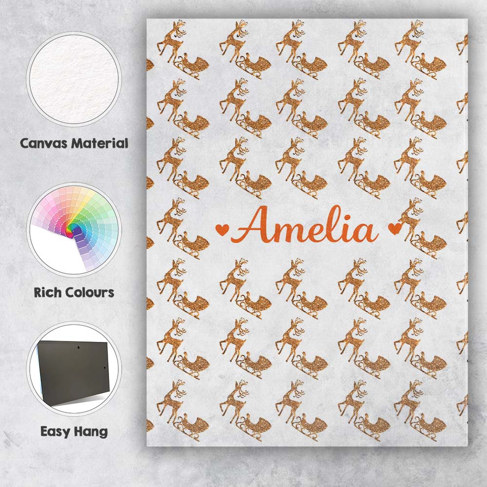Personalised Name Gold Glitter Reindeer Sleigh Christmas White Custom Modern Room Accent Canvas Wall Art Print Decor Picture Ready to Hang