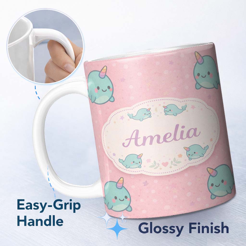 Personalized Custom Name Cute Narwhal Unicorn Whale Cartoon Animal Pattern Cute Unique Gift 11oz Ceramic Coffee Tea Mug White Large Handle