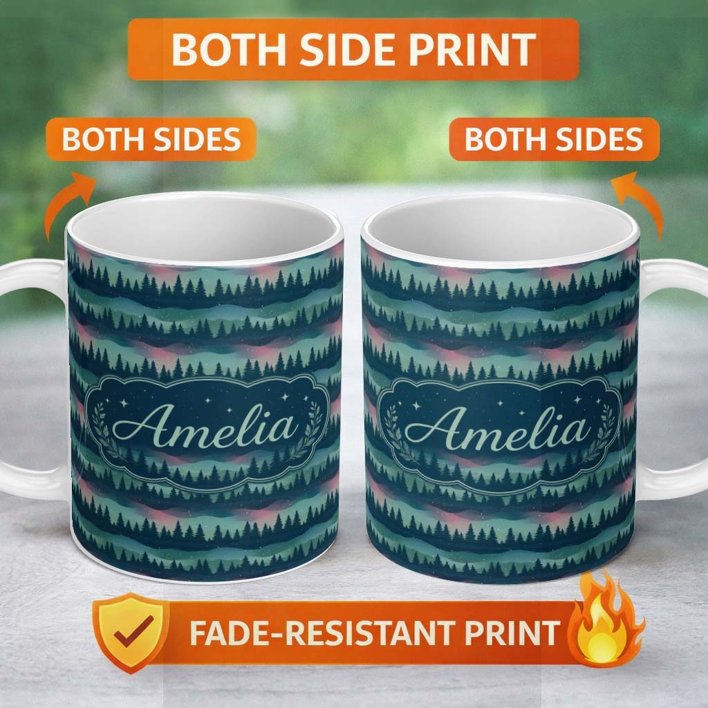 Personalized Custom Name Starry Night Pine Trees Landscape Seamless Pattern Name Cute Unique 11oz Ceramic Coffee Tea Mug White Large Handle