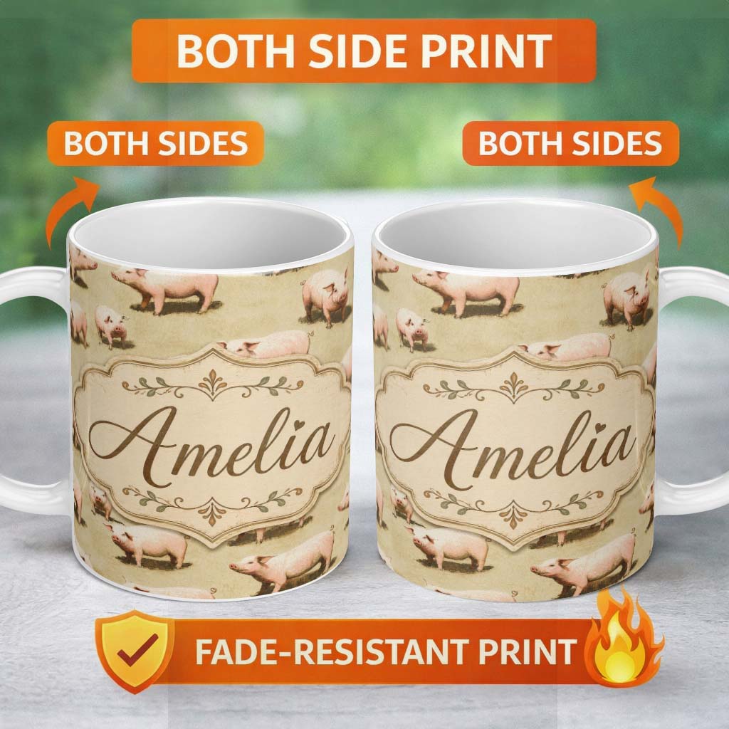 Personalized Custom Name Cute Farm Pig Animal Illustration Seamless Pattern Cute Unique Gift 11oz Ceramic Coffee Tea Mug White Large Handle