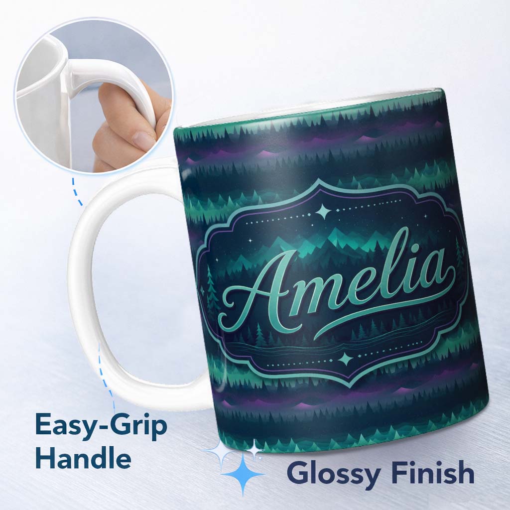 Personalized Custom Name Aurora Borealis Forest Horizon Seamless Pattern Name Cute Unique 11oz Ceramic Coffee Tea Mug White Large Handle