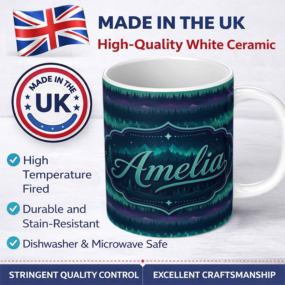 Personalized Custom Name Aurora Borealis Forest Horizon Seamless Pattern Name Cute Unique 11oz Ceramic Coffee Tea Mug White Large Handle