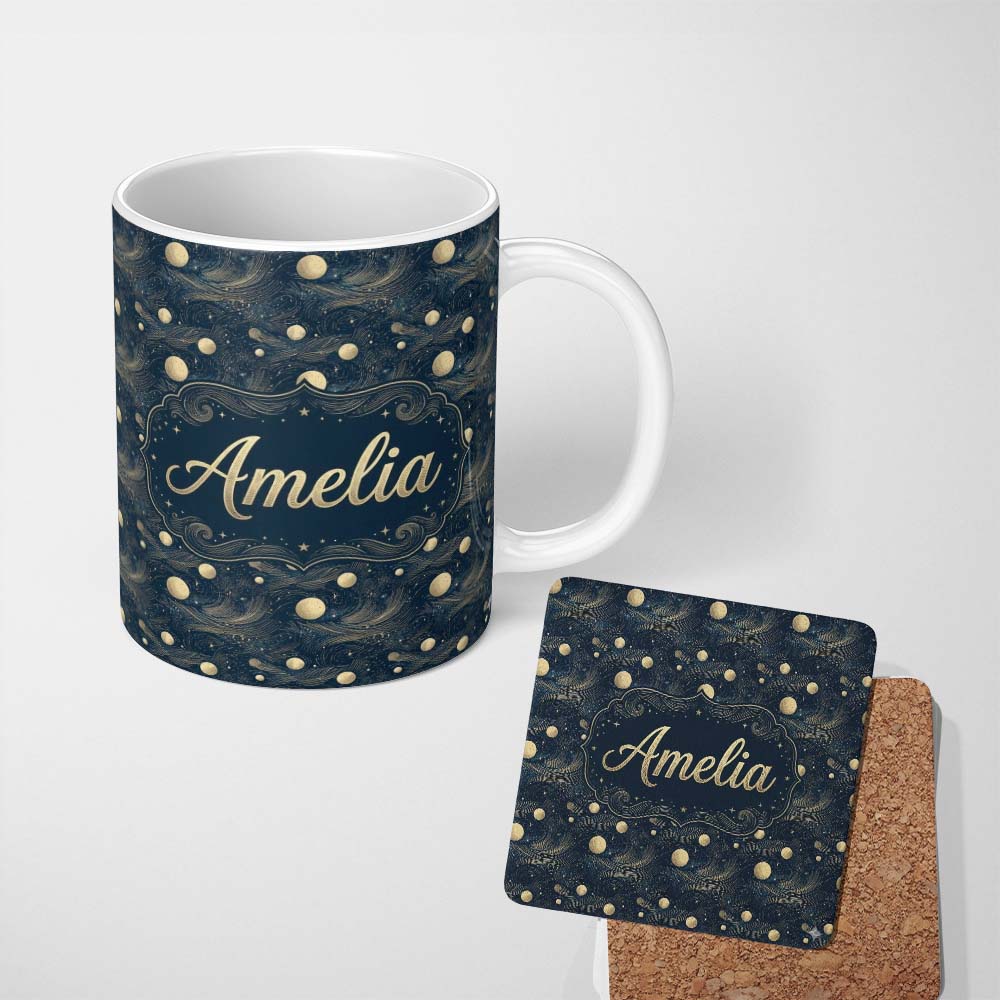Personalized Custom Name Vintage Celestial Waves Planets Night Sky Seamless Pattern Name Cute 11oz Ceramic Coffee Tea Mug White Large Handle