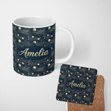 Personalized Custom Name Vintage Celestial Waves Planets Night Sky Seamless Pattern Name Cute 11oz Ceramic Coffee Tea Mug White Large Handle