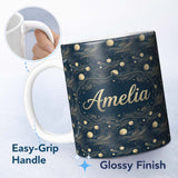 Personalized Custom Name Vintage Celestial Waves Planets Night Sky Seamless Pattern Name Cute 11oz Ceramic Coffee Tea Mug White Large Handle