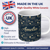 Personalized Custom Name Vintage Celestial Waves Planets Night Sky Seamless Pattern Name Cute 11oz Ceramic Coffee Tea Mug White Large Handle