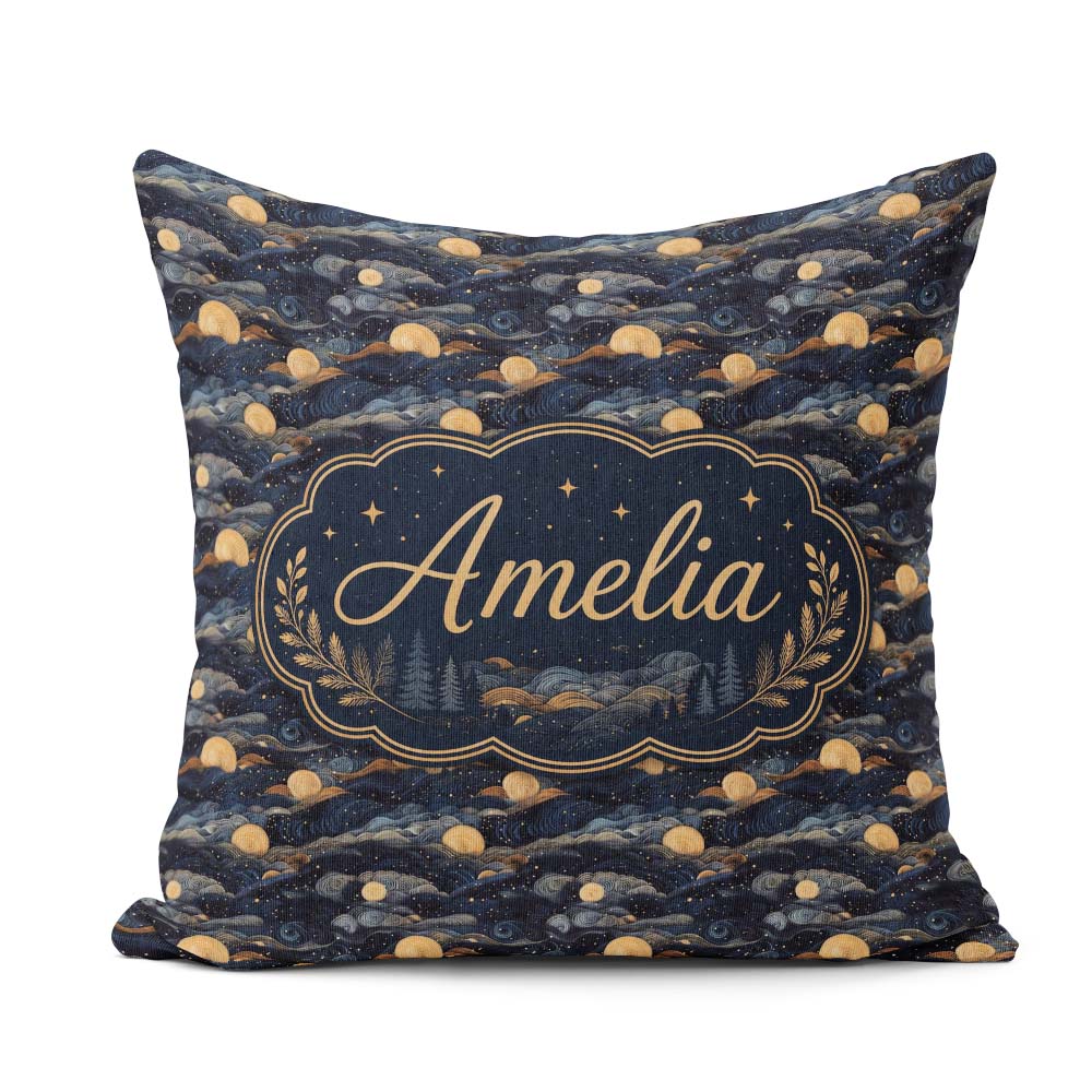 Custom Name Golden Moon Ocean Waves Abstract Night Seamless Name Square Filled Cushion Throw Pillow Sofa Bed Home Decor Zip Washable UK Made