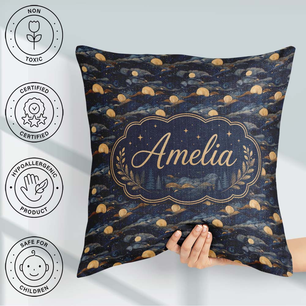 Custom Name Golden Moon Ocean Waves Abstract Night Seamless Name Square Filled Cushion Throw Pillow Sofa Bed Home Decor Zip Washable UK Made