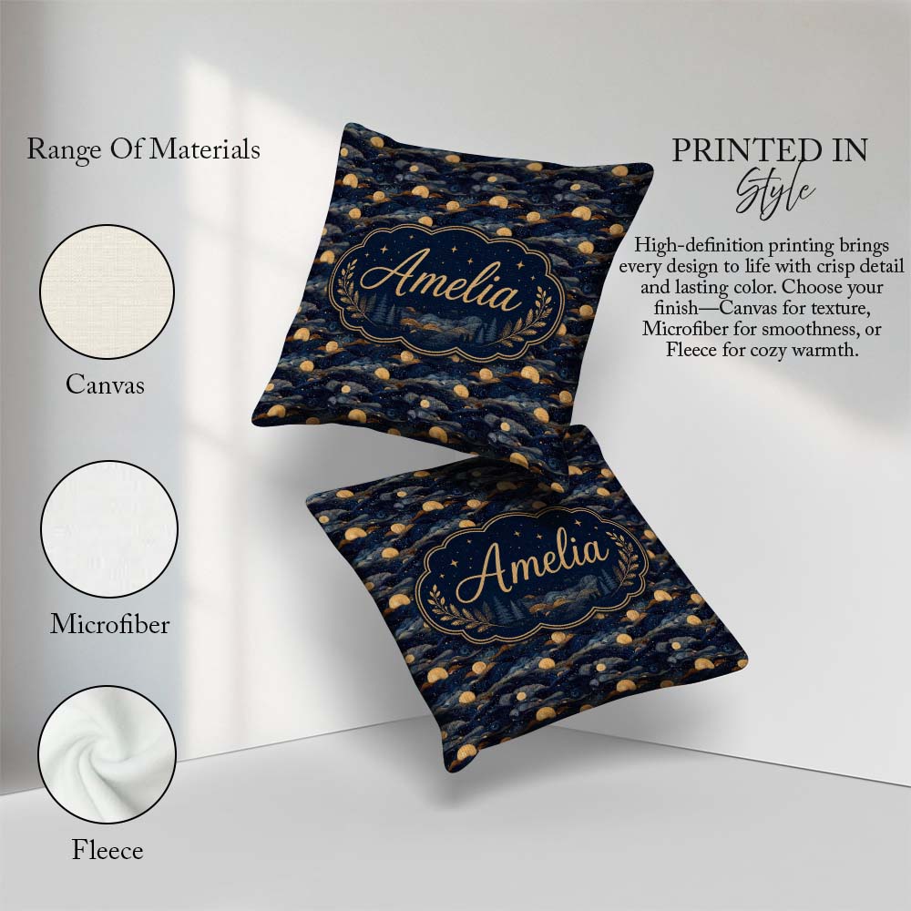 Custom Name Golden Moon Ocean Waves Abstract Night Seamless Name Square Filled Cushion Throw Pillow Sofa Bed Home Decor Zip Washable UK Made