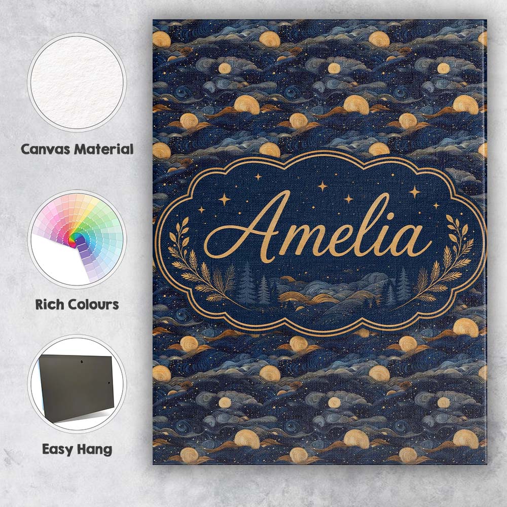 Personalised Name Golden Moon Ocean Waves Custom  Unique Gift Idea Elegant Feature Canvas Wall Art Print Decor Picture Ready to Hang