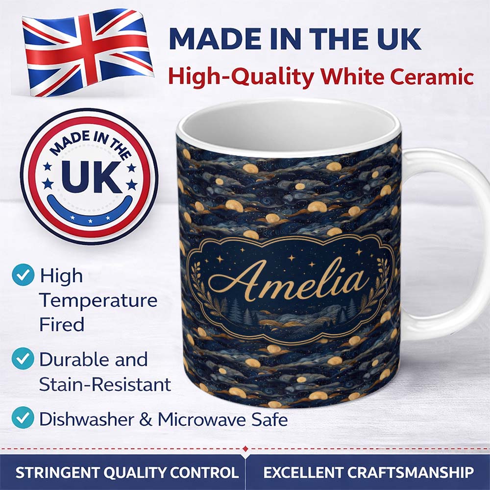 Personalized Custom Name Golden Moon Ocean Waves Abstract Night Seamless Pattern Name Cute 11oz Ceramic Coffee Tea Mug White Large Handle