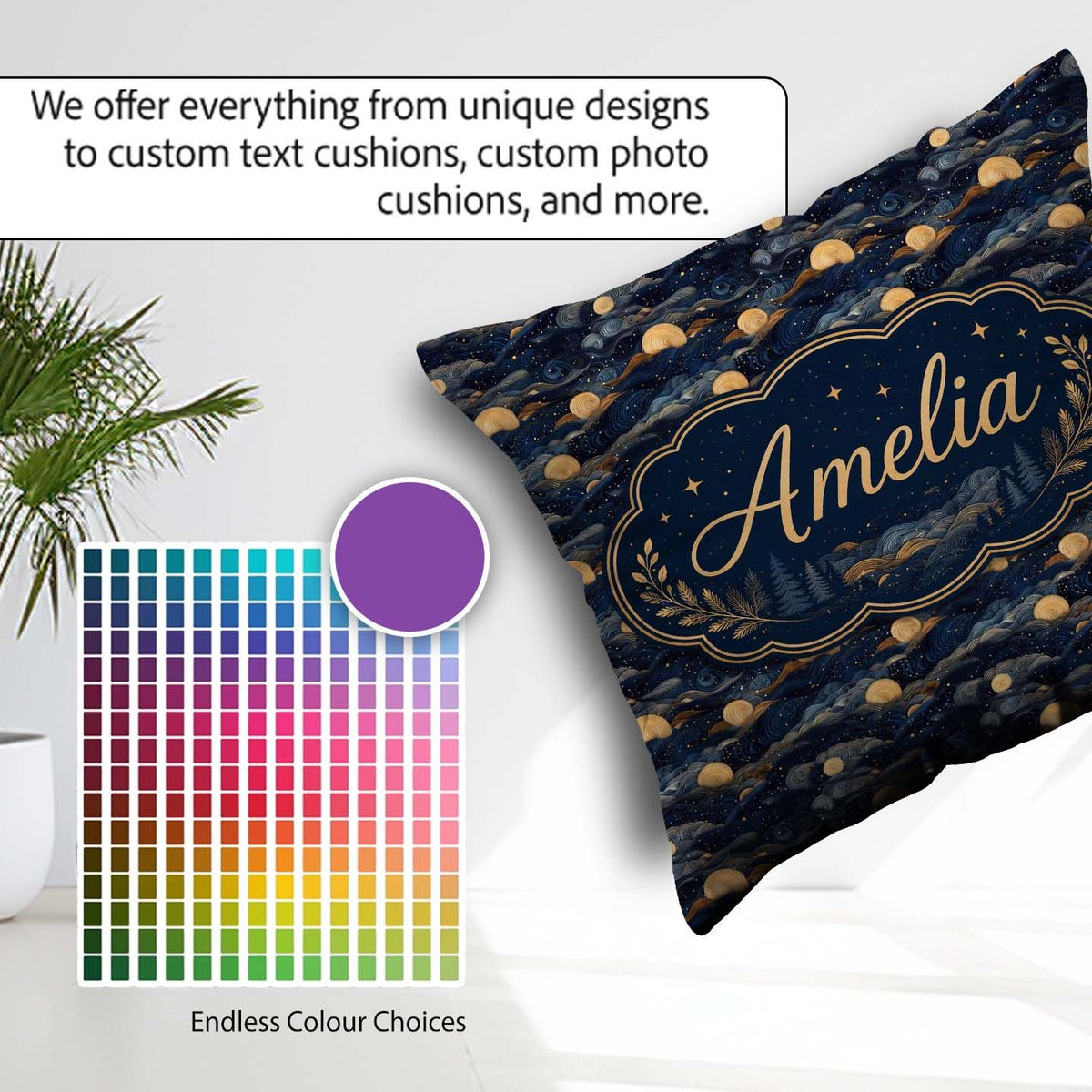 Custom Name Golden Moon Ocean Waves Abstract Night Seamless Name Square Filled Cushion Throw Pillow Sofa Bed Home Decor Zip Washable UK Made