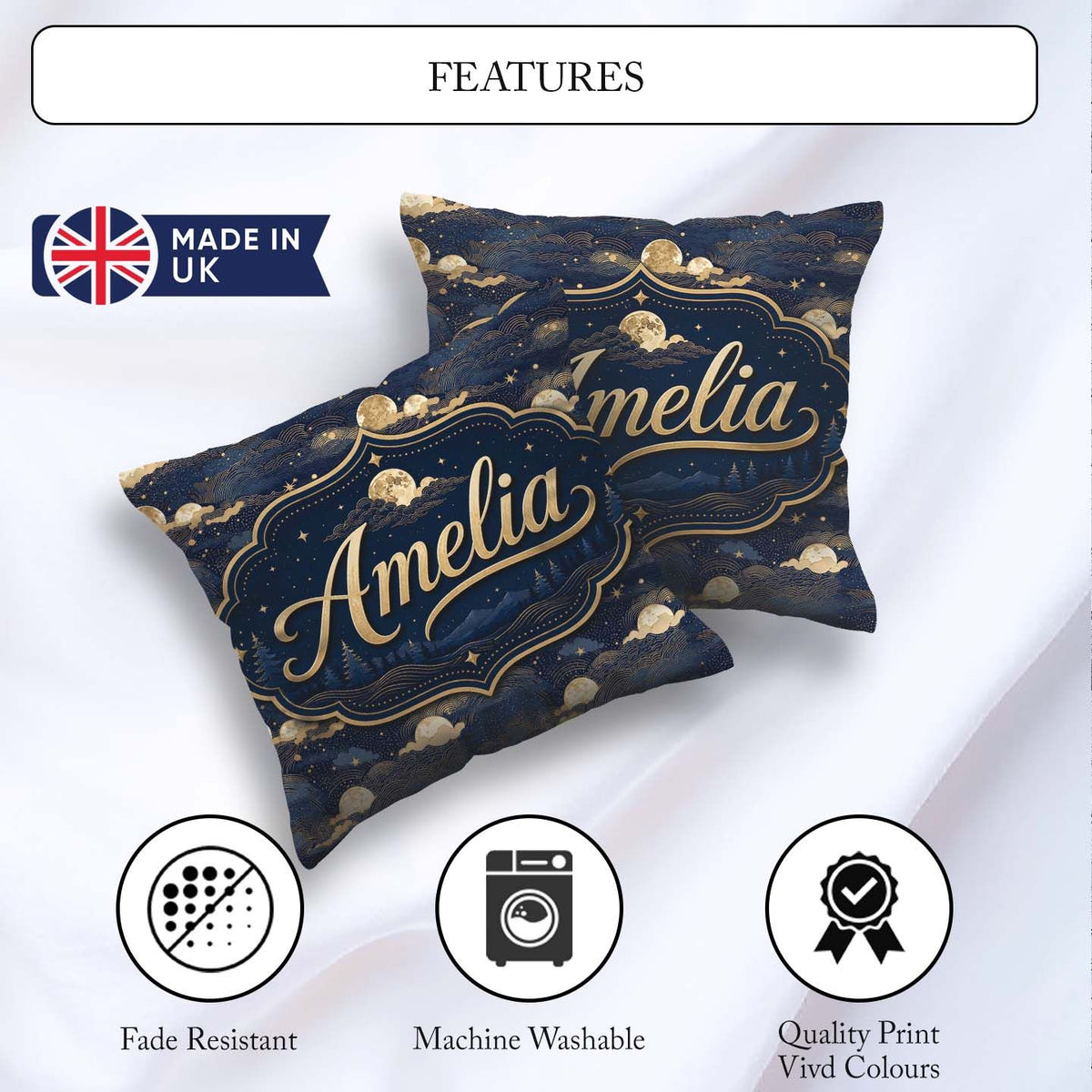 Custom Name Moonlit Clouds Starry Sky Seamless Pattern Name Cute Square Filled Cushion Throw Pillow Sofa Bed Home Decor Zip Washable UK Made