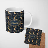 Personalized Custom Name Ornate Crescent Moon Stars Celestial Seamless Pattern Name Cute 11oz Ceramic Coffee Tea Mug White Large Handle
