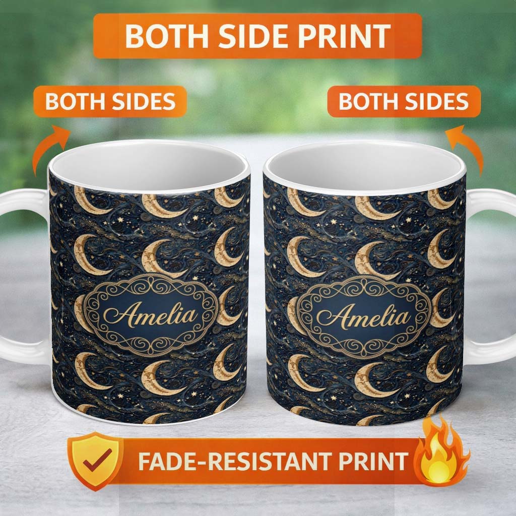 Personalized Custom Name Ornate Crescent Moon Stars Celestial Seamless Pattern Name Cute 11oz Ceramic Coffee Tea Mug White Large Handle