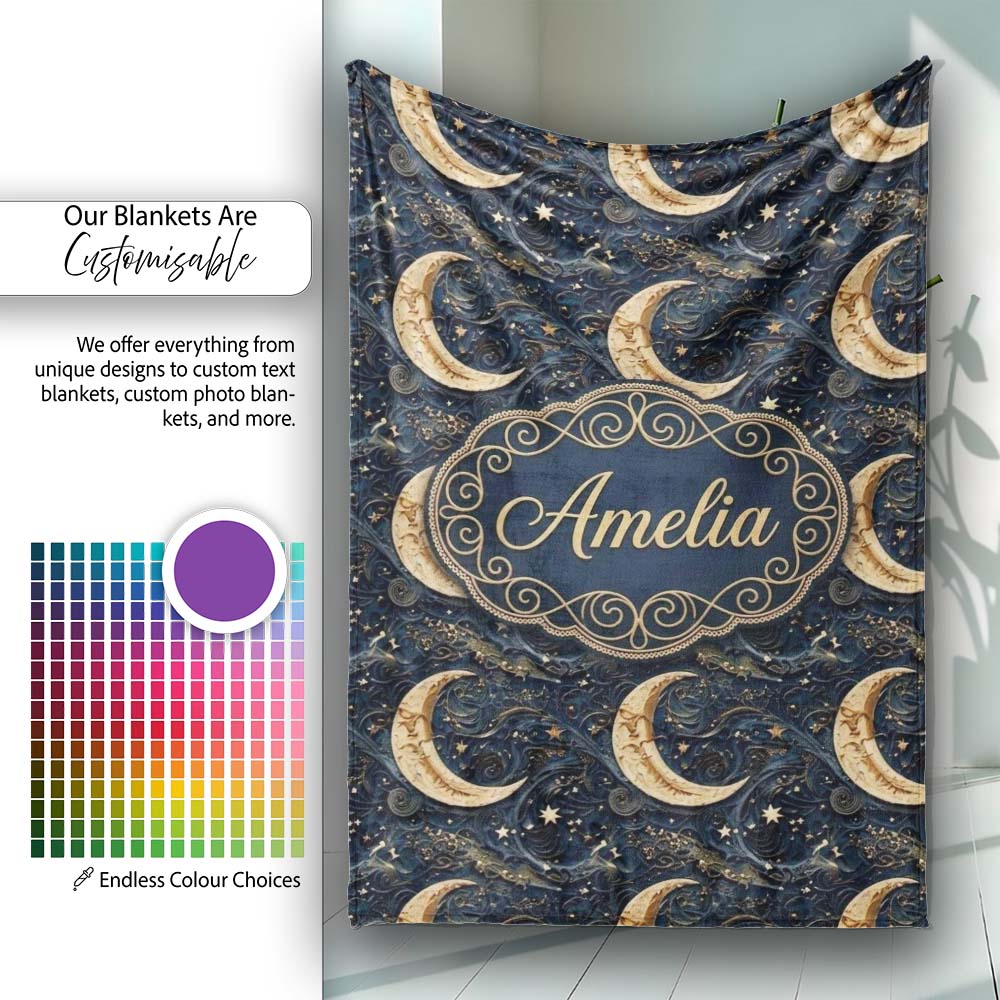 Ornate Crescent Moon Stars Celestial Seamless Pattern Name Cute  Personalised Custom Name Super Soft Fleece Blanket Bed Sofa Throw