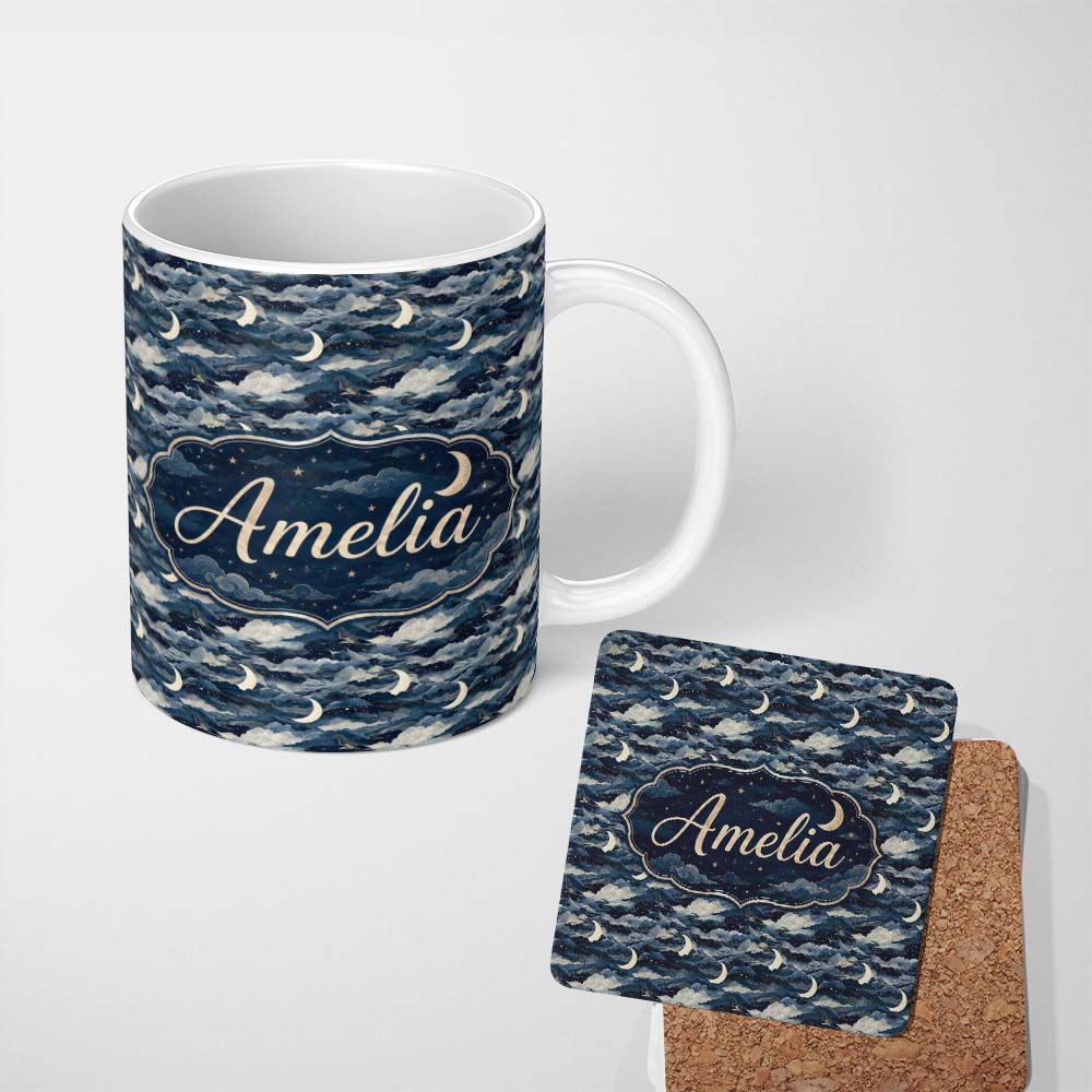 Personalized Custom Name Mystic Crescent Moon Cloudy Night Seamless Pattern Name Cute Unique 11oz Ceramic Coffee Tea Mug White Large Handle