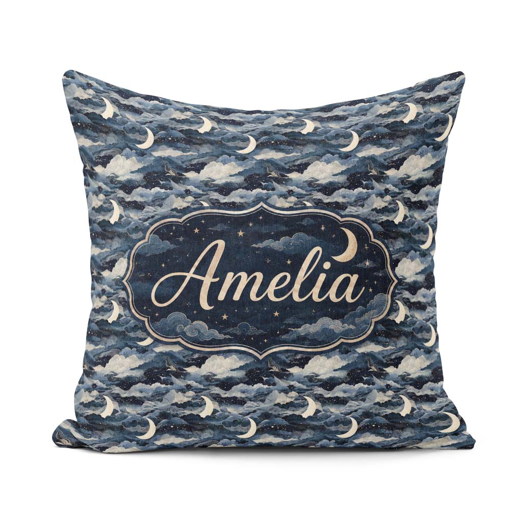 Custom Name Mystic Crescent Moon Cloudy Night Seamless Name Cute Square Filled Cushion Throw Pillow Sofa Bed Home Decor Zip Washable UK Made