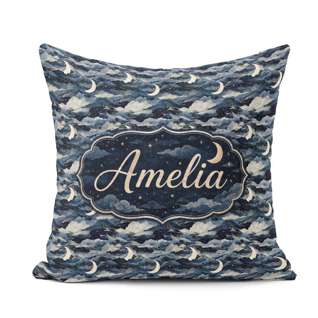 Custom Name Mystic Crescent Moon Cloudy Night Seamless Name Cute Square Filled Cushion Throw Pillow Sofa Bed Home Decor Zip Washable UK Made