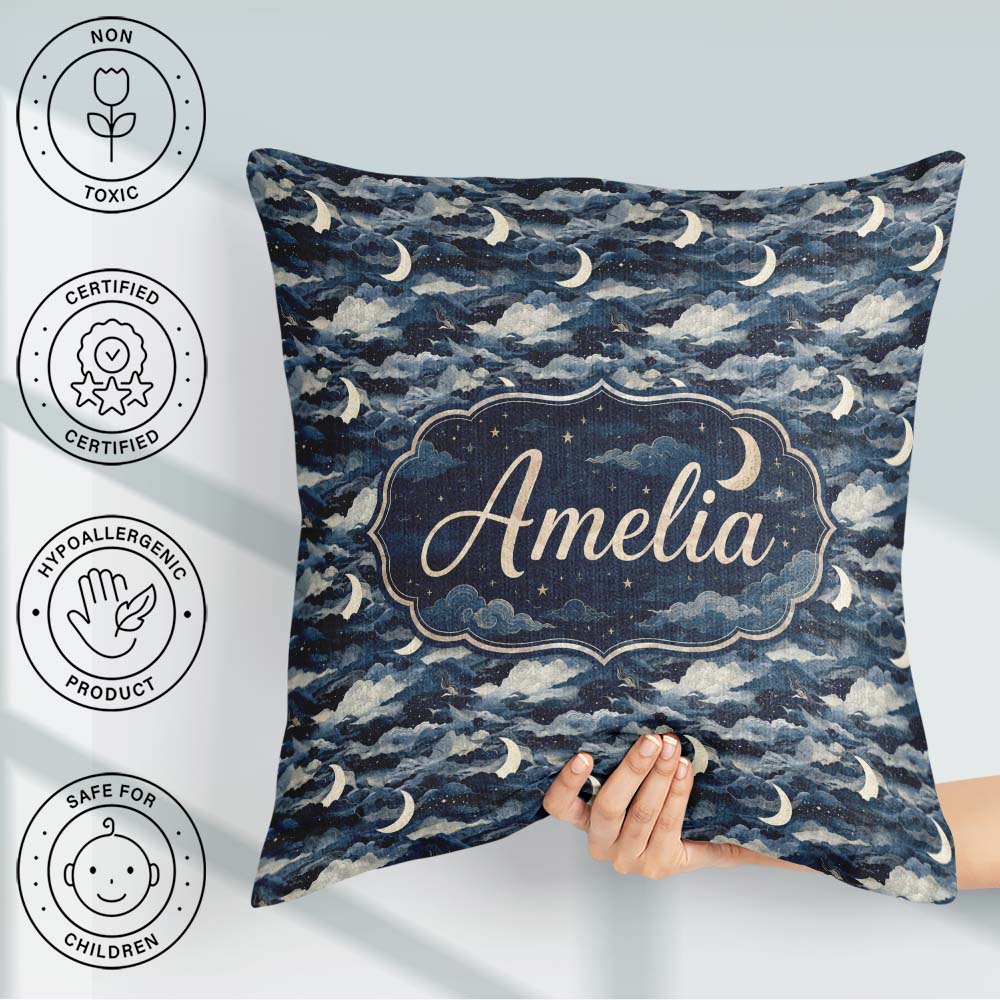 Custom Name Mystic Crescent Moon Cloudy Night Seamless Name Cute Square Filled Cushion Throw Pillow Sofa Bed Home Decor Zip Washable UK Made