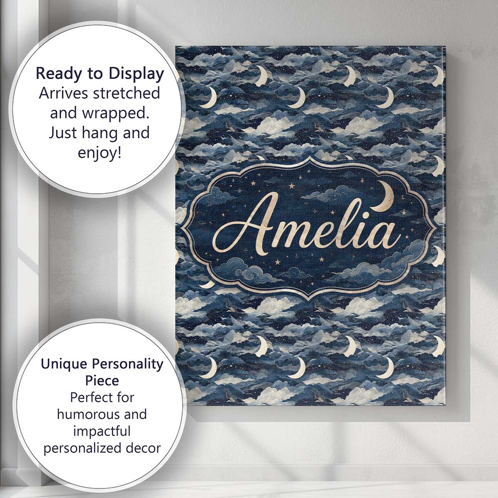 Personalised Name Mystic Crescent Moon Custom  Modern Room Accent Elegant Feature Canvas Wall Art Print Decor Picture Ready to Hang