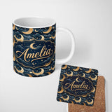 Personalized Custom Name Golden Crescent Moon Ocean Waves Night Seamless Pattern Name Cute 11oz Ceramic Coffee Tea Mug White Large Handle
